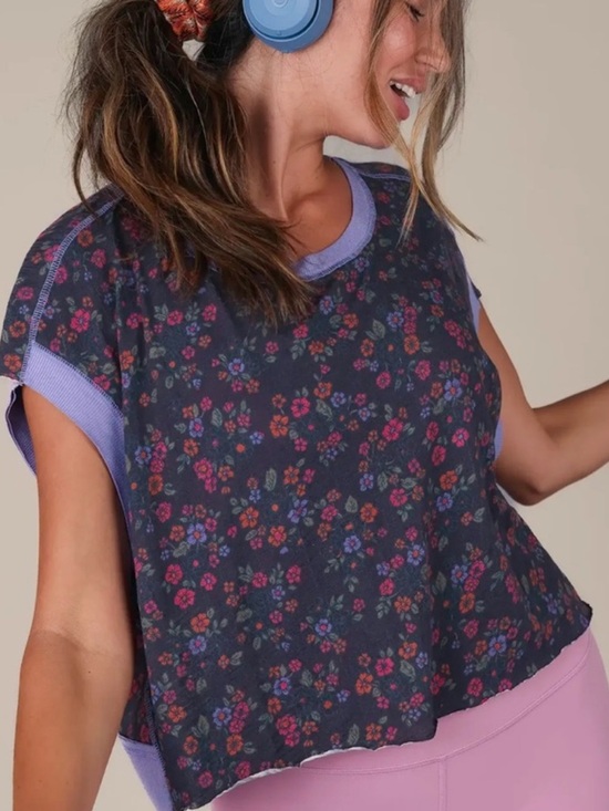 NATURAL LIFE Tops - NATURAL LIFE Navy Floral Crop Top with Lavender Trim